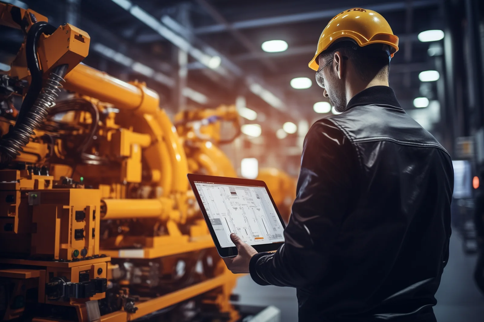 Maintenance technician using a tablet beside industrial equipment