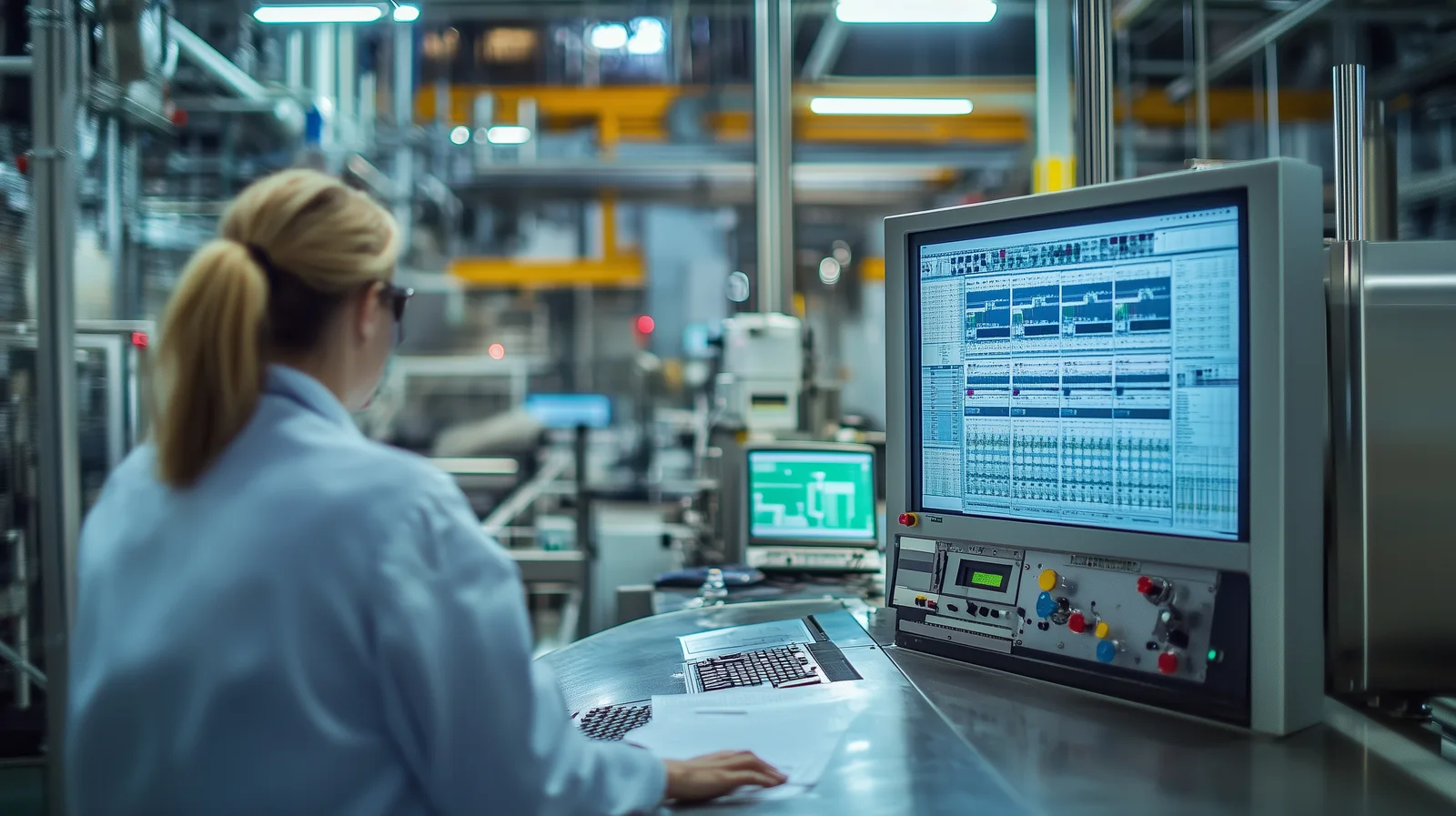 Quality professional reviewing statistical process data at a manufacturing workstation